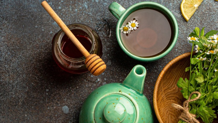 Flat lay of herbal tea representing gentle detox routines in Pacific Beach