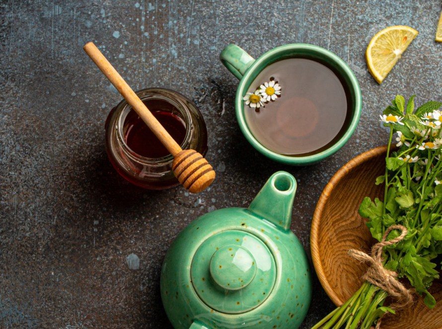 Flat lay of herbal tea representing gentle detox routines in Pacific Beach