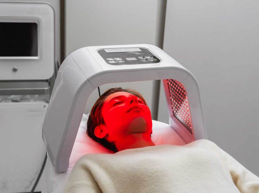 Client receiving red light therapy at a wellness center in Pacific Beach, San Diego for skin rejuvenation and muscle recovery