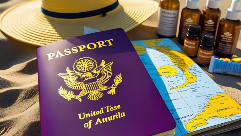 Flat lay of a straw hat, passport, and travel-sized natural remedies like essential oils and herbal tea bags, representing a minimalist travel wellness kit.