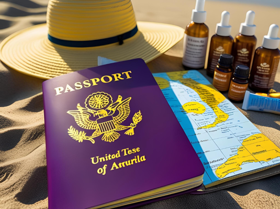 Flat lay of a straw hat, passport, and travel-sized natural remedies like essential oils and herbal tea bags, representing a minimalist travel wellness kit.